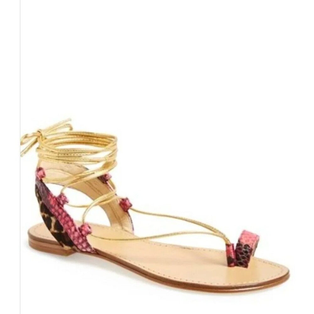 Stuart Weitzman Lasso Tie Up Sandal Gold and Pink